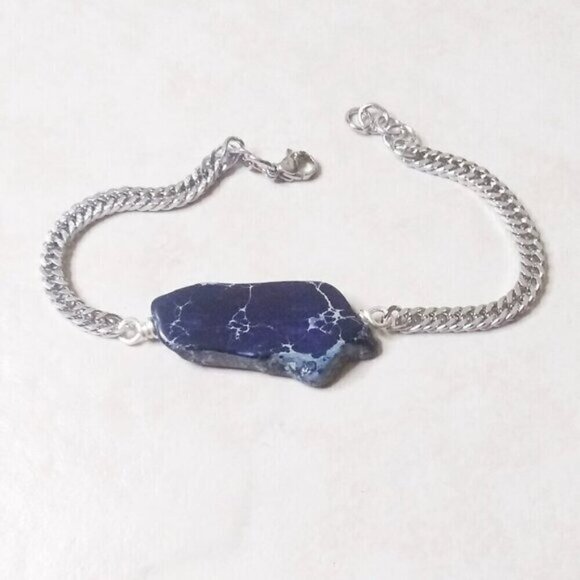 Dark Blue Sea Sediment Jasper Slab + Chunky Chain Bracelet ~ Adjust. 7-8" Wrist - Picture 2 of 8